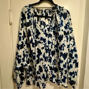 Elizabeth and James Navy and White Floral Tie-Neck Blouse
